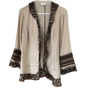 Chico's Tan Leopard Lightweight Jacket Linen Open Front Long Sleeve SZ 1 Medium
